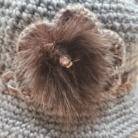 Thick knit lined Winter Hat Fur Rhinestone trim One Size Grey knit Brown trim - Picture 4 of 6